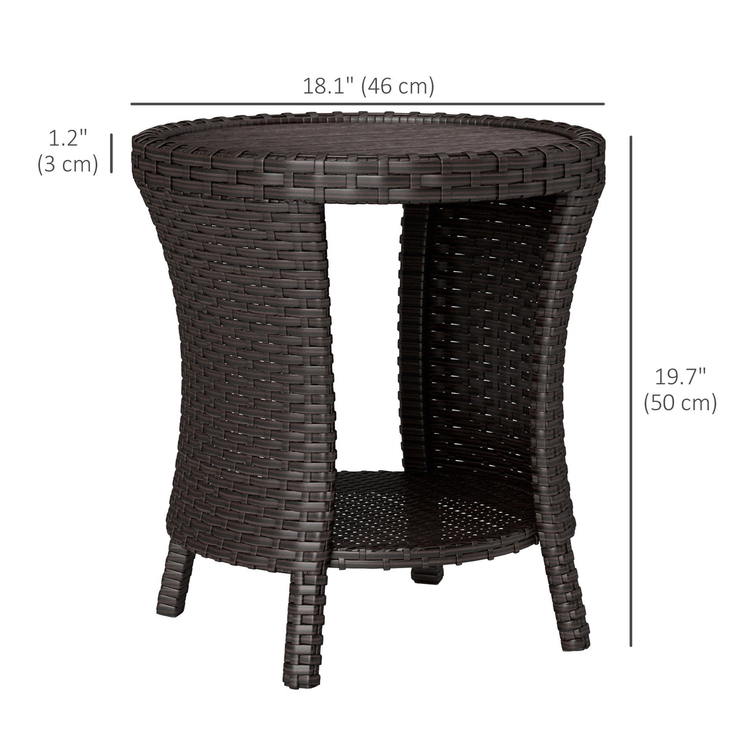 18" Wicker Outdoor Coffee Table, PE Rattan Patio Side Table with 2-Tier Storage, Composite Wood Top, Brown