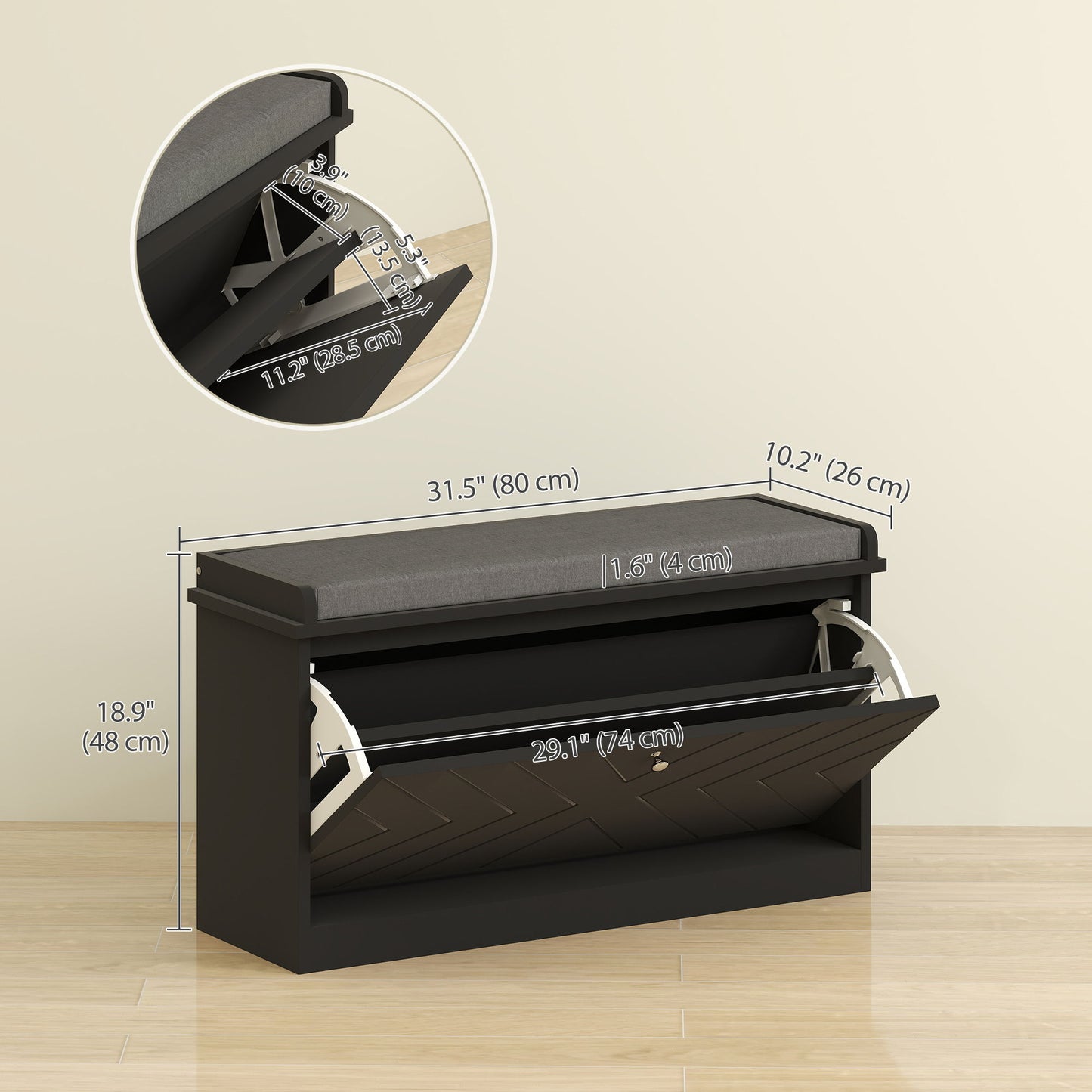 Shoe Storage with Seat, Upholstered Hallway Bench, Shoe Bench with Flip Drawer, Adjustable Shelf for 6-8 Pairs of Shoes