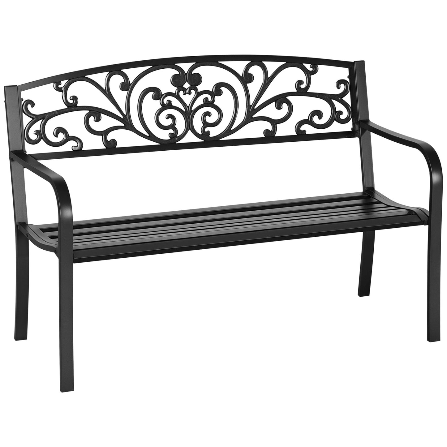 50" 2-Seater Garden Bench Chair, Outdoor Blossoming Pattern Garden Decorative Loveseat Bench for Yard, Lawn, Porch, Black
