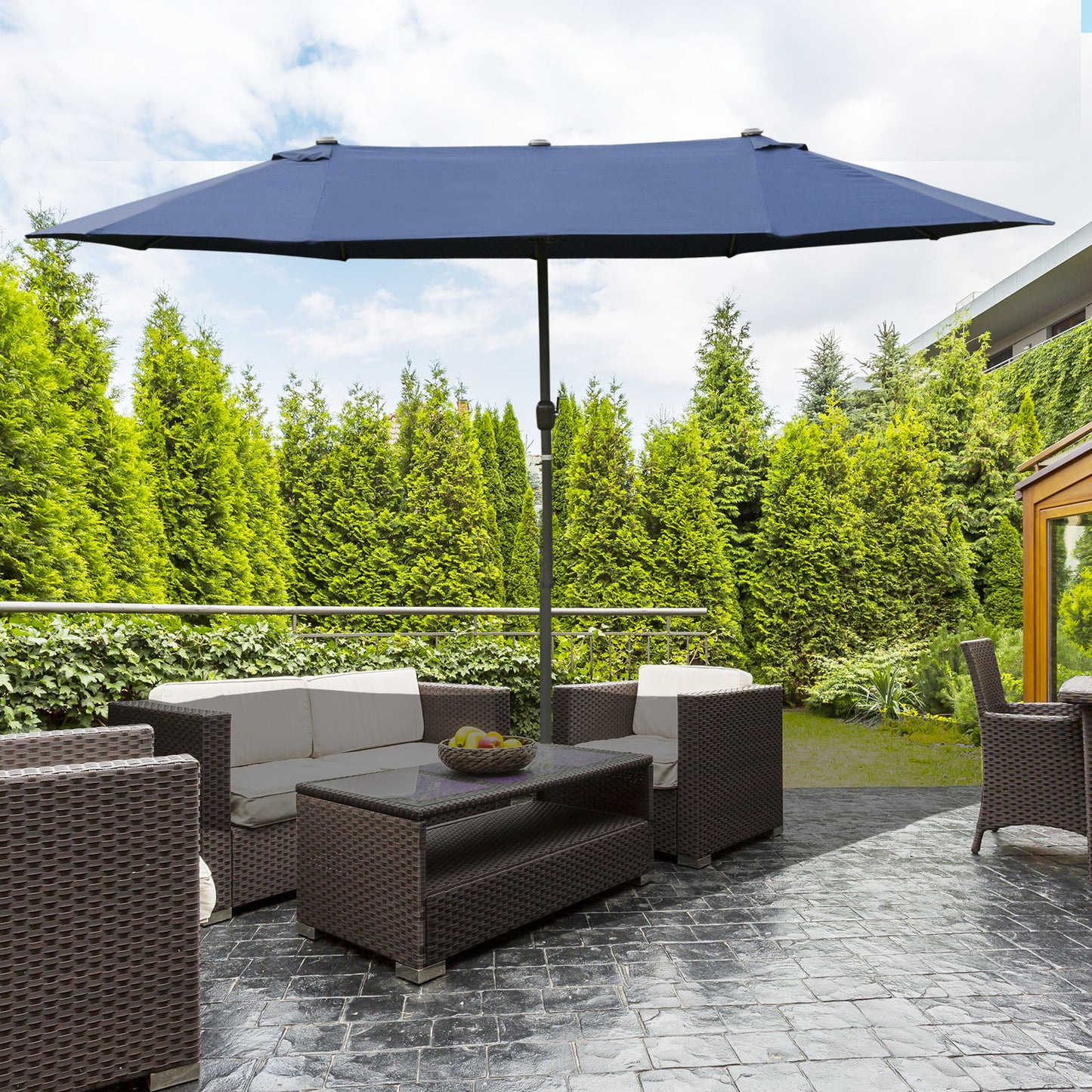 15' Outdoor Patio Umbrella with Twin Canopy Sunshade Steel Table Umbrella w/ Lift Crank, Cross base, Sandbag, Dark Blue