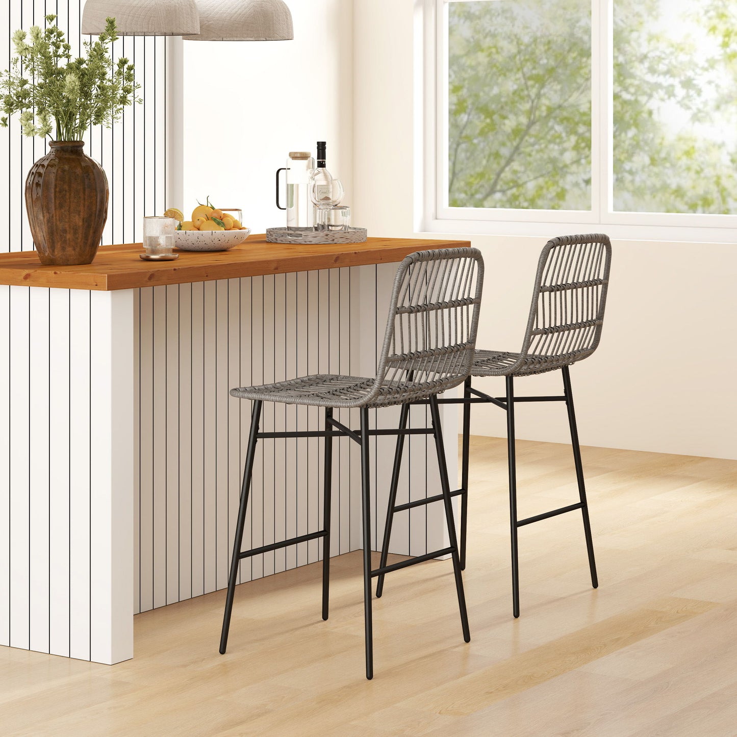 Rattan Counter Height Bar Stools Set of 2, 26" Counter Stools with Back, Modern Bar Chairs for Kitchen Island, Grey