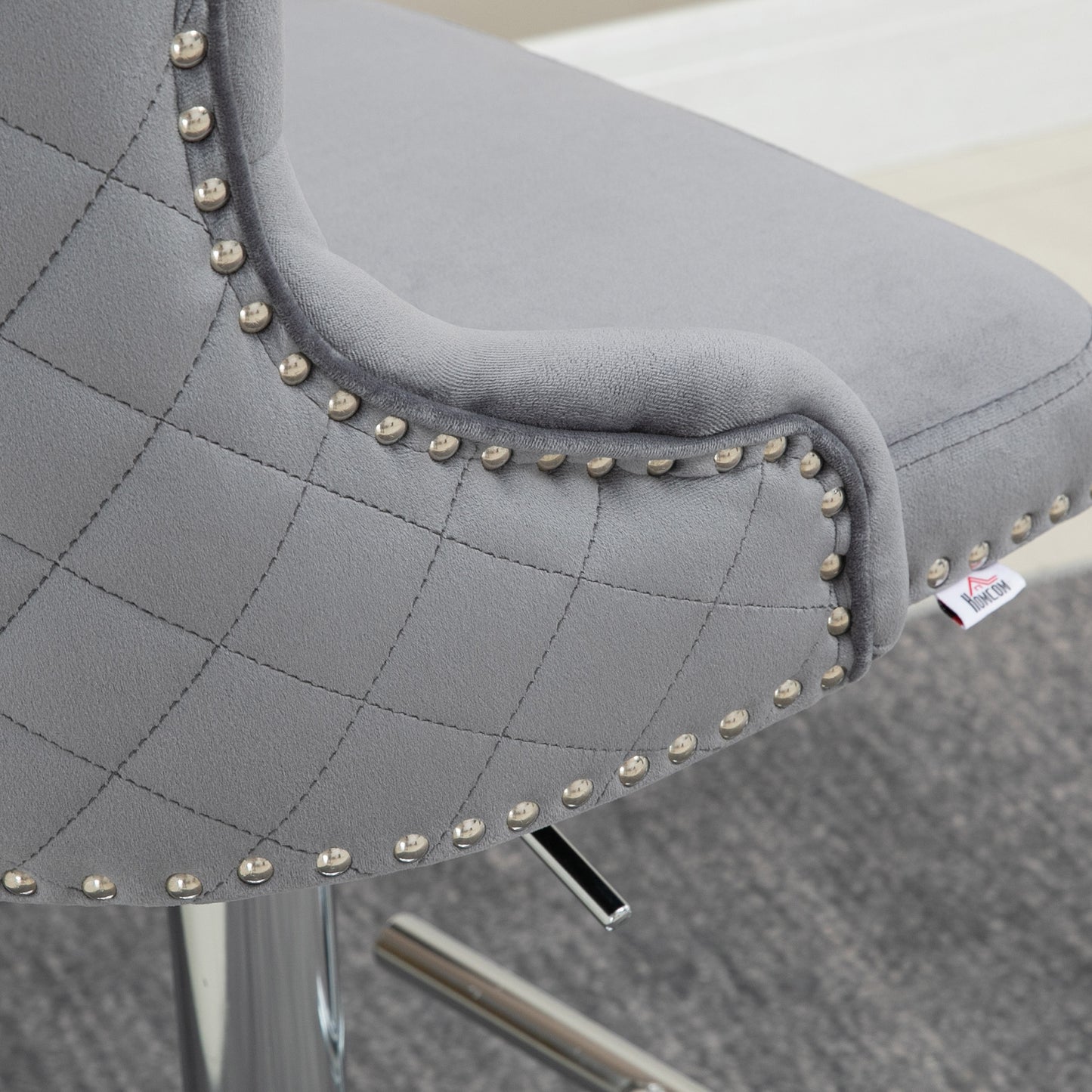 Modern Adjustable Bar Stools Set of 2, Swivel Velvet Barstools, Counter Height Bar Chairs with Button Tufted Back, Footrest, Nailhead Trim for Home Bar, Grey