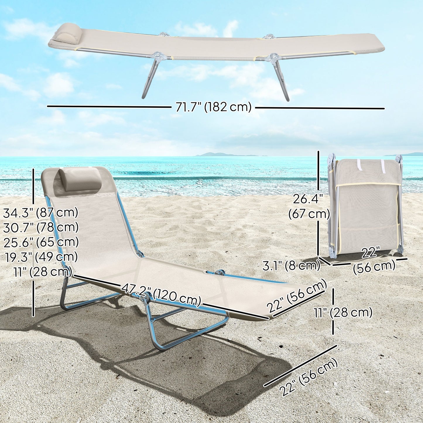Set of 2 Folding Chaise Lounge Chairs, Outdoor Poolside Sun Tanning Chairs w/ Pillow, Reclining Backrest, Cream White
