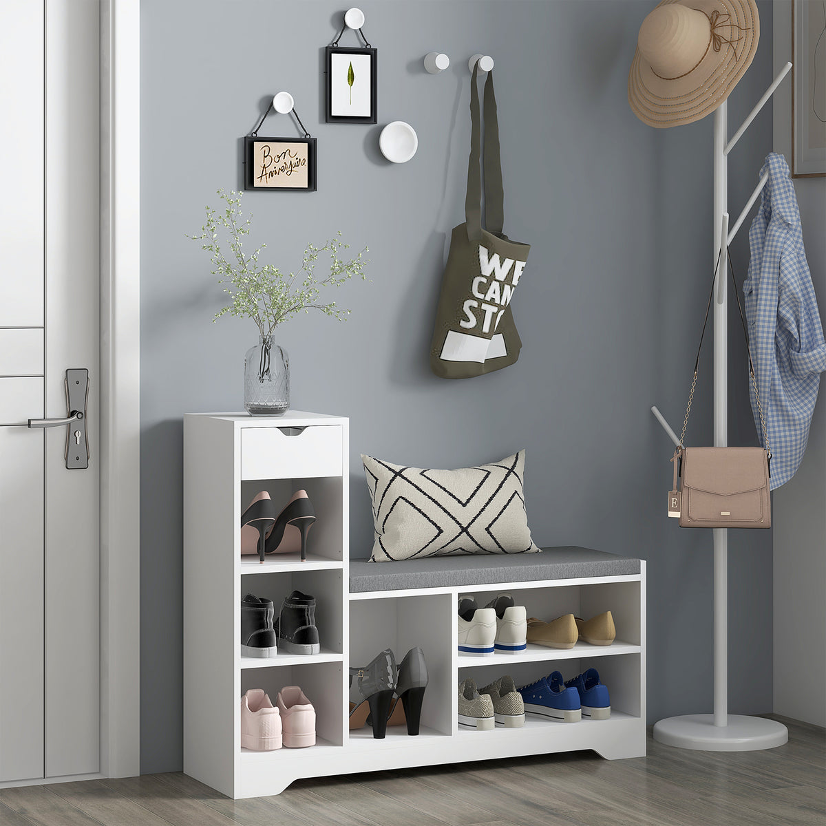 Upholstered Shoe Storage Bench w/ Seat, Entrance Bench w/ Drawer and 6 Open Shelves for Hallway, White