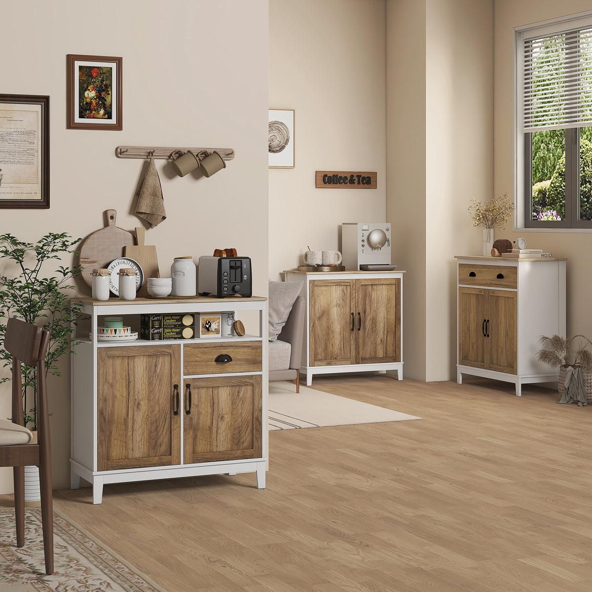 Farmhouse Sideboard, Storage Cabinet with 2 Doors and Shelves Kitchen, Living room, 30.9" x 15.4" x 30.9", Dark Oak