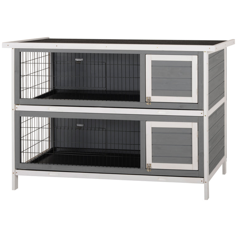 2-Tier Grey Wooden Bunny Pet House with Coop Run
