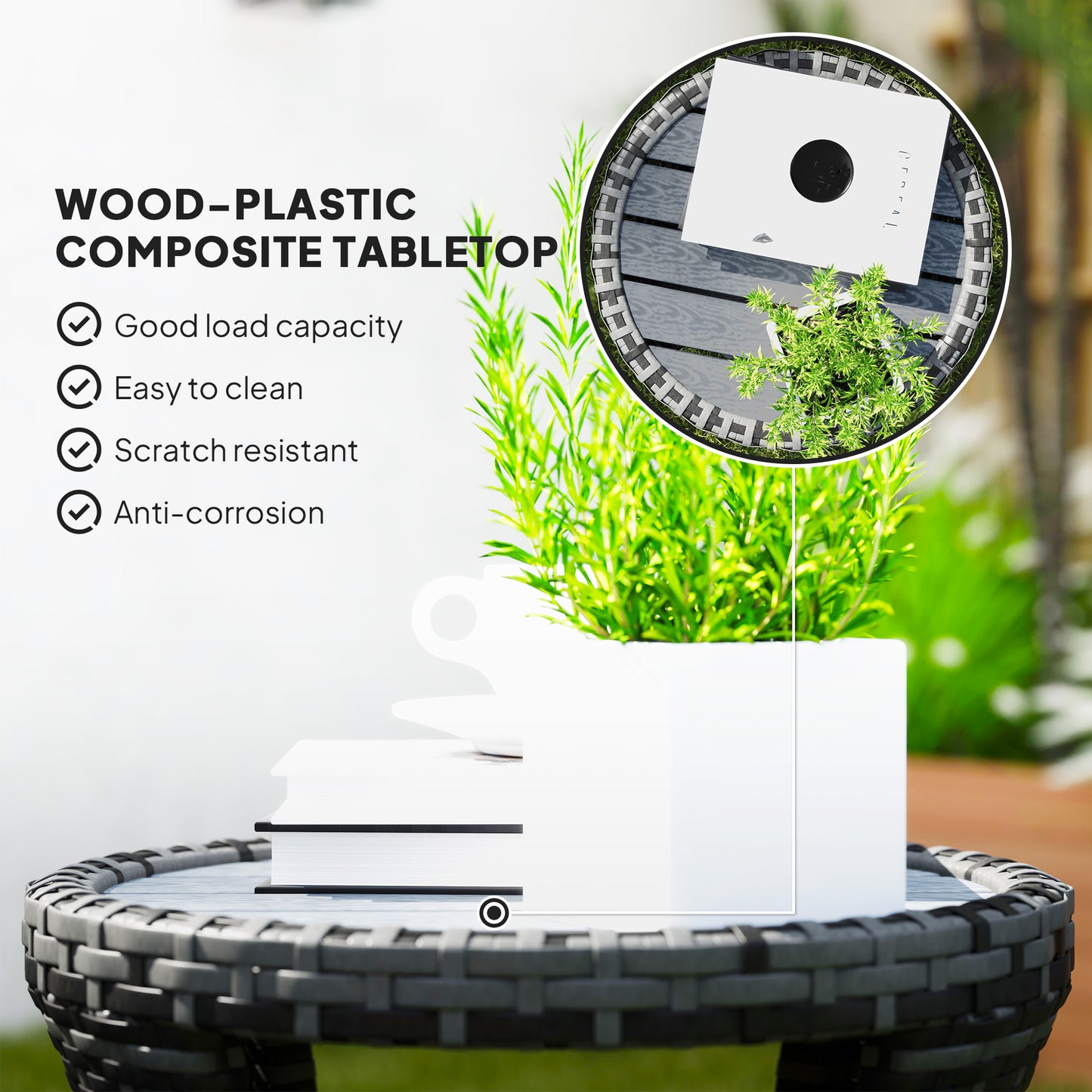 18" Wicker Outdoor Coffee Table, PE Rattan Patio Side Table with 2-Tier Storage, Composite Wood Top, Grey