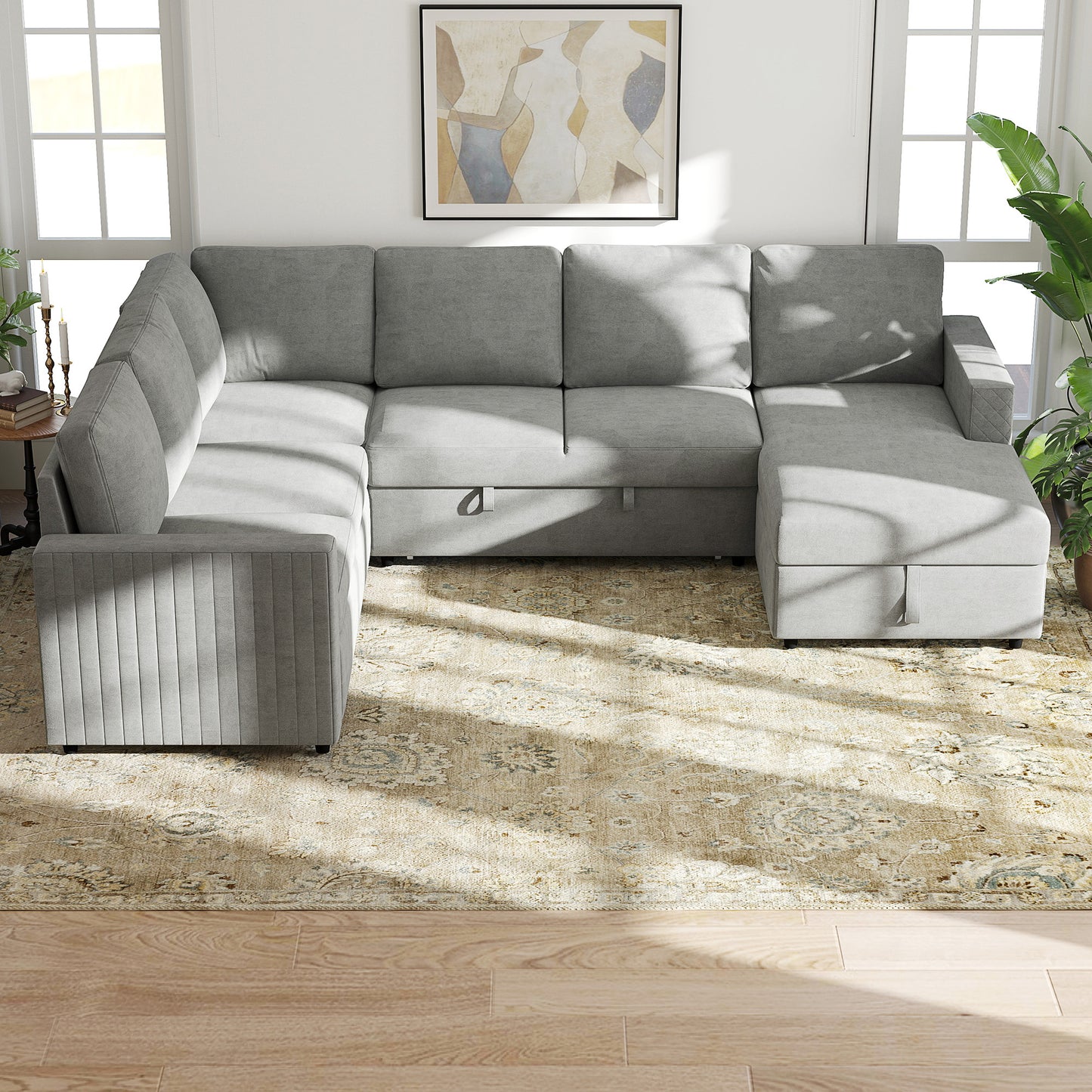 Pull Out Sofa Bed, Sleeper Sofa Couch with Hidden Storage, Chaise Lounge, Velvet Upholstery, U-Shaped Futon Couch