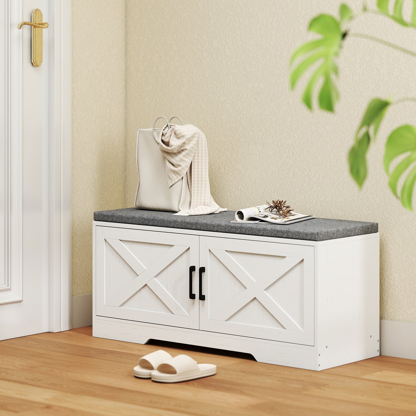 Shoe Bench with Cushion Shoe Storage Bench with Doors Adjustable Shelves for Entryway, White