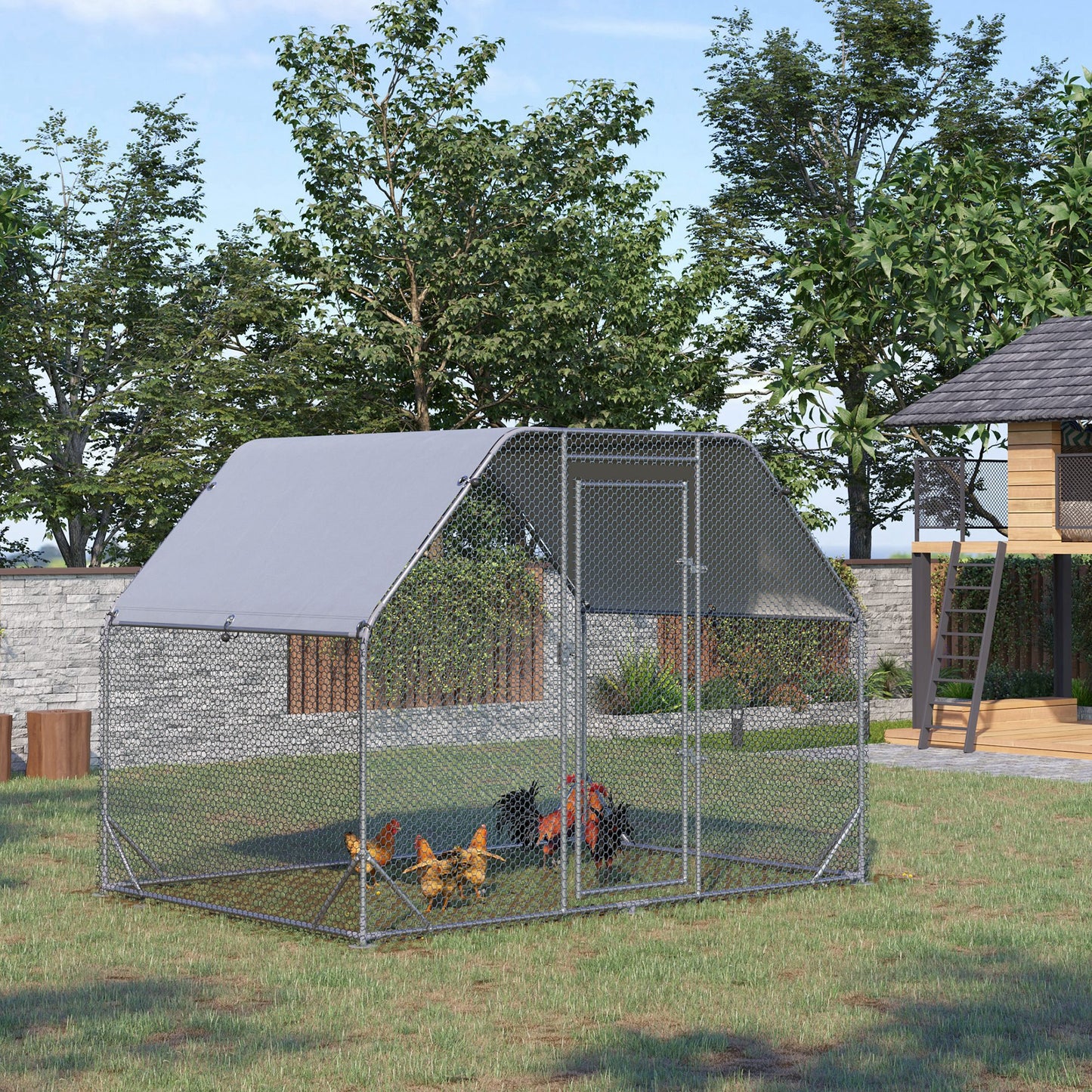 Chicken Run Outdoor, Galvanized Large Metal Chicken Coop Cage, Walk-in Enclosure Poultry Hen Run House Playpen Rabbit Hutch with Flat Roof, Cover