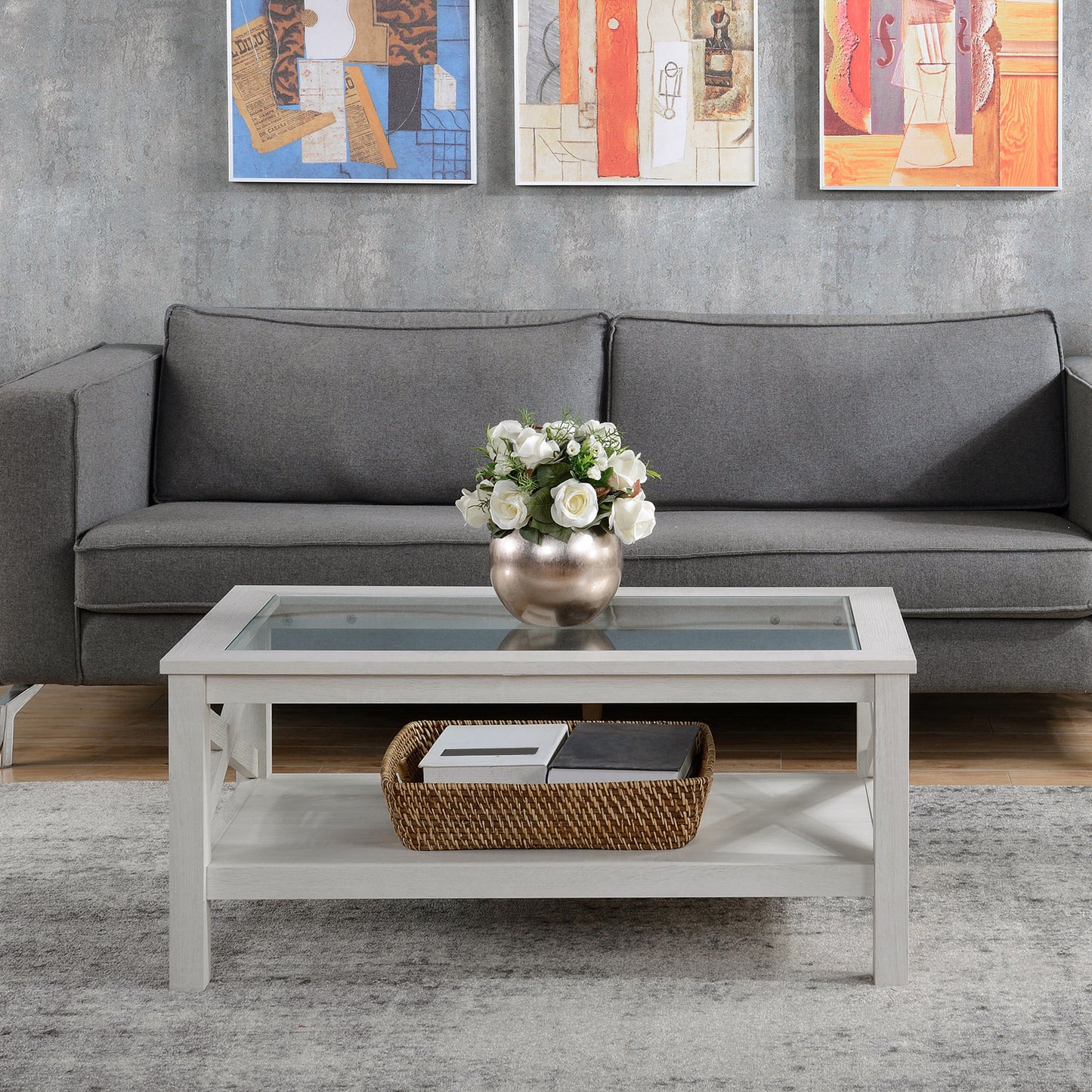 Farmhouse Coffee Table with Tempered Glass Table Top, 2-tier Center Table with Bottom Storage Shelf for Living Room, Bedroom