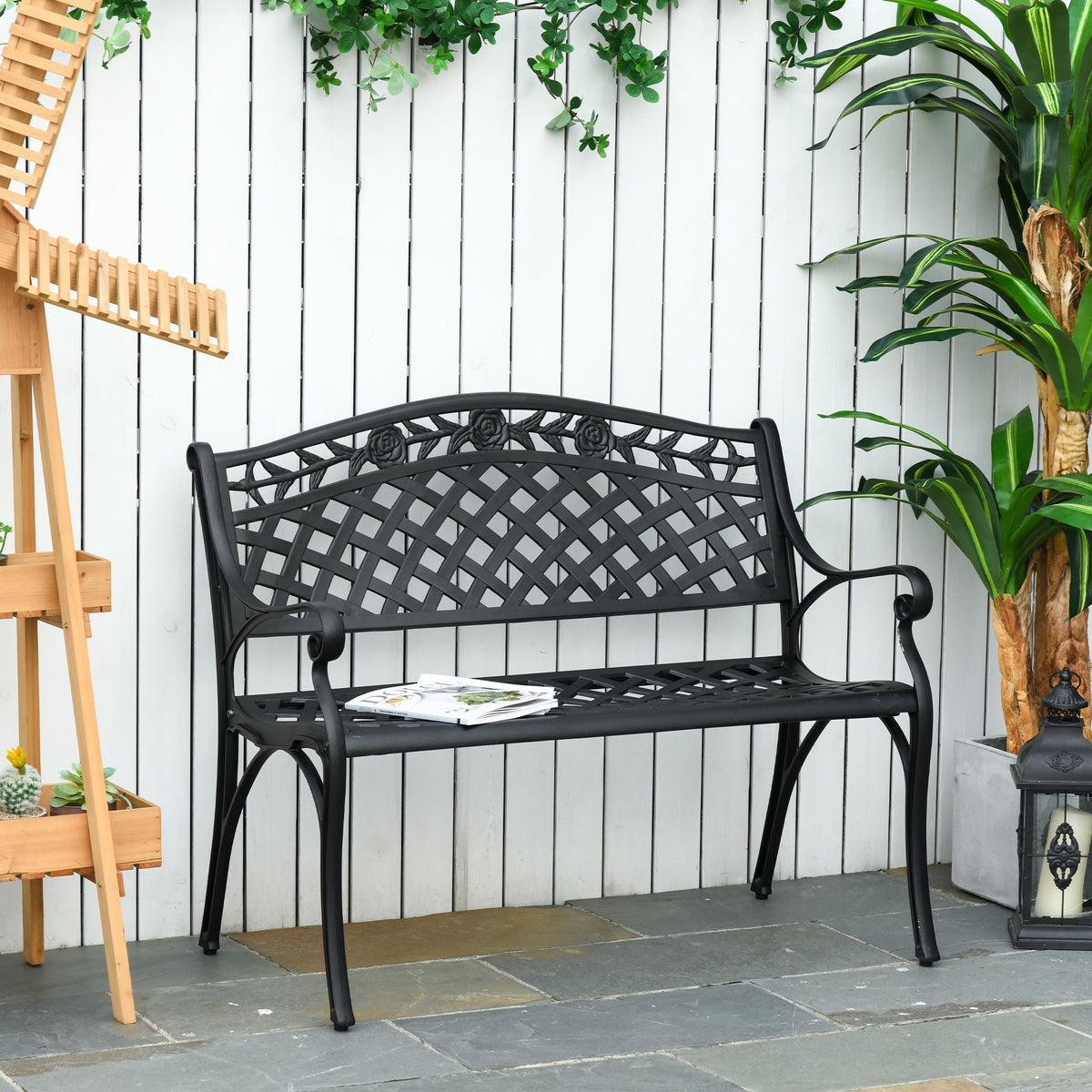 Outdoor Garden Bench, 40" Patio Bench with Aluminum Frame and Armrests, 2-Person Patio Loveseat with Floral Pattern for Park, Porch, Yard, Lawn, 485 LBS Capacity