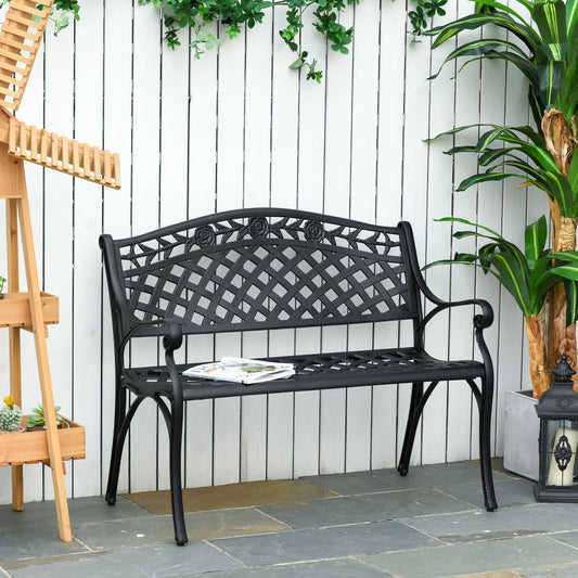 Outdoor Garden Bench, 40" Patio Bench with Aluminum Frame and Armrests, 2-Person Patio Loveseat with Floral Pattern for Park, Porch, Yard, Lawn, 485 LBS Capacity