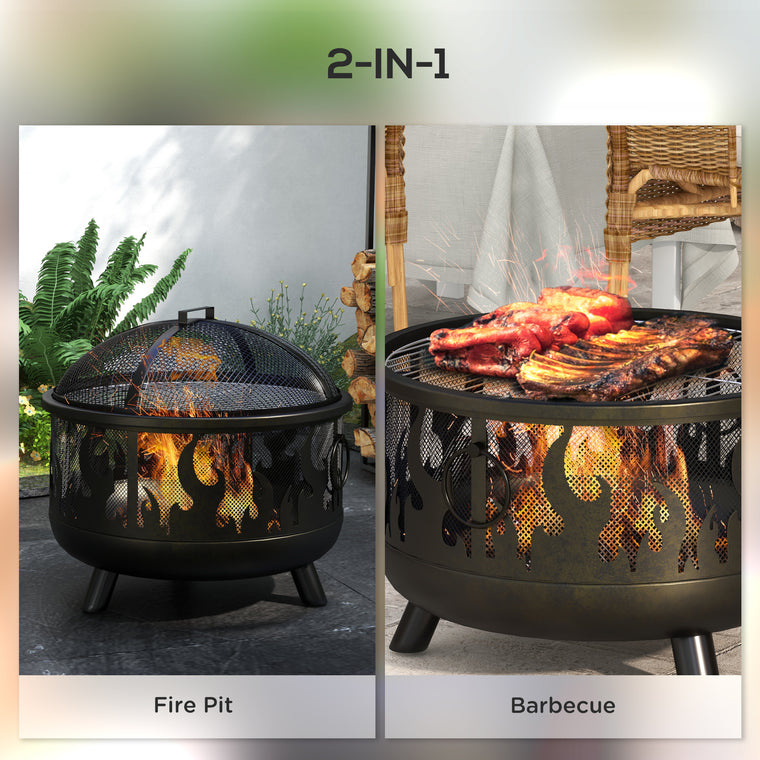 Black 24" Round Metal Fire Pit with Grill Lid & Poker