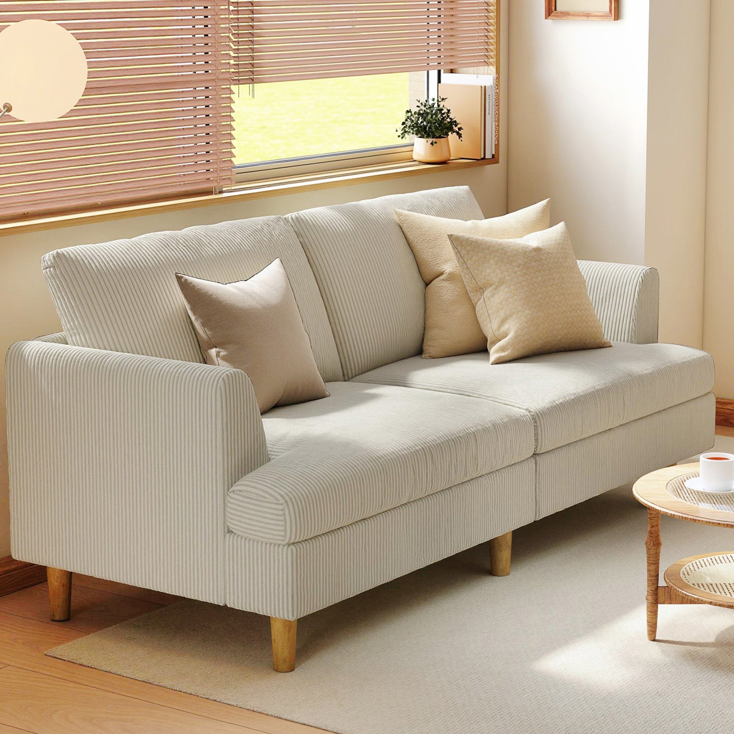 3 Seater Sofa, 74" Modern Corduroy Upholstered Couch with Thick Spring Cushions, Solid Wood Legs, Armrests, Beige