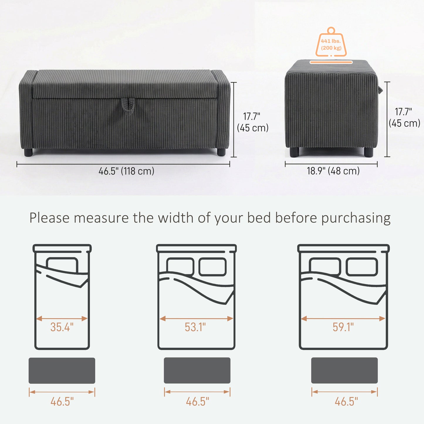 Storage Ottoman, Upholstered Corduroy End of Bed Bench with Thick Padding, Storage Bench for Bedroom, Dark Grey