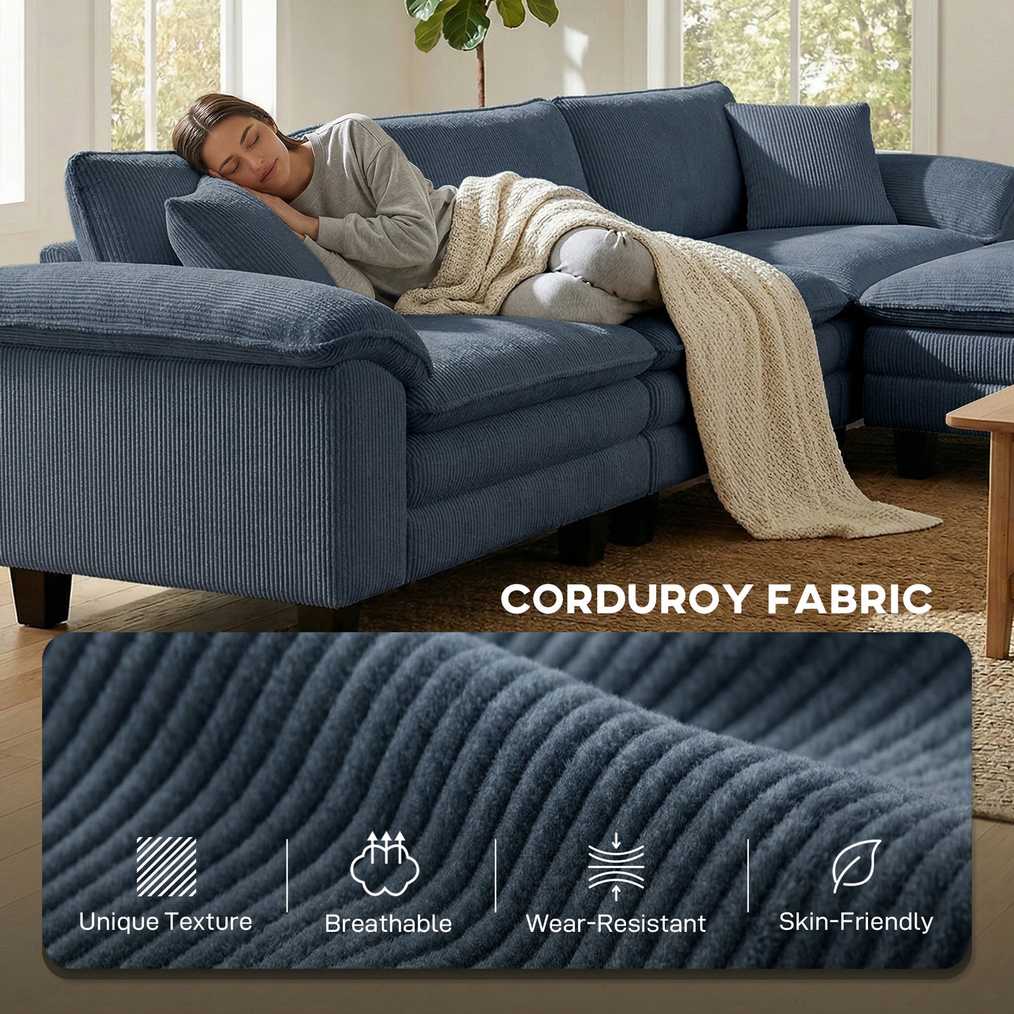 Deep-Seat L-Shape Sectional Sofa with Storage Ottoman - Blue