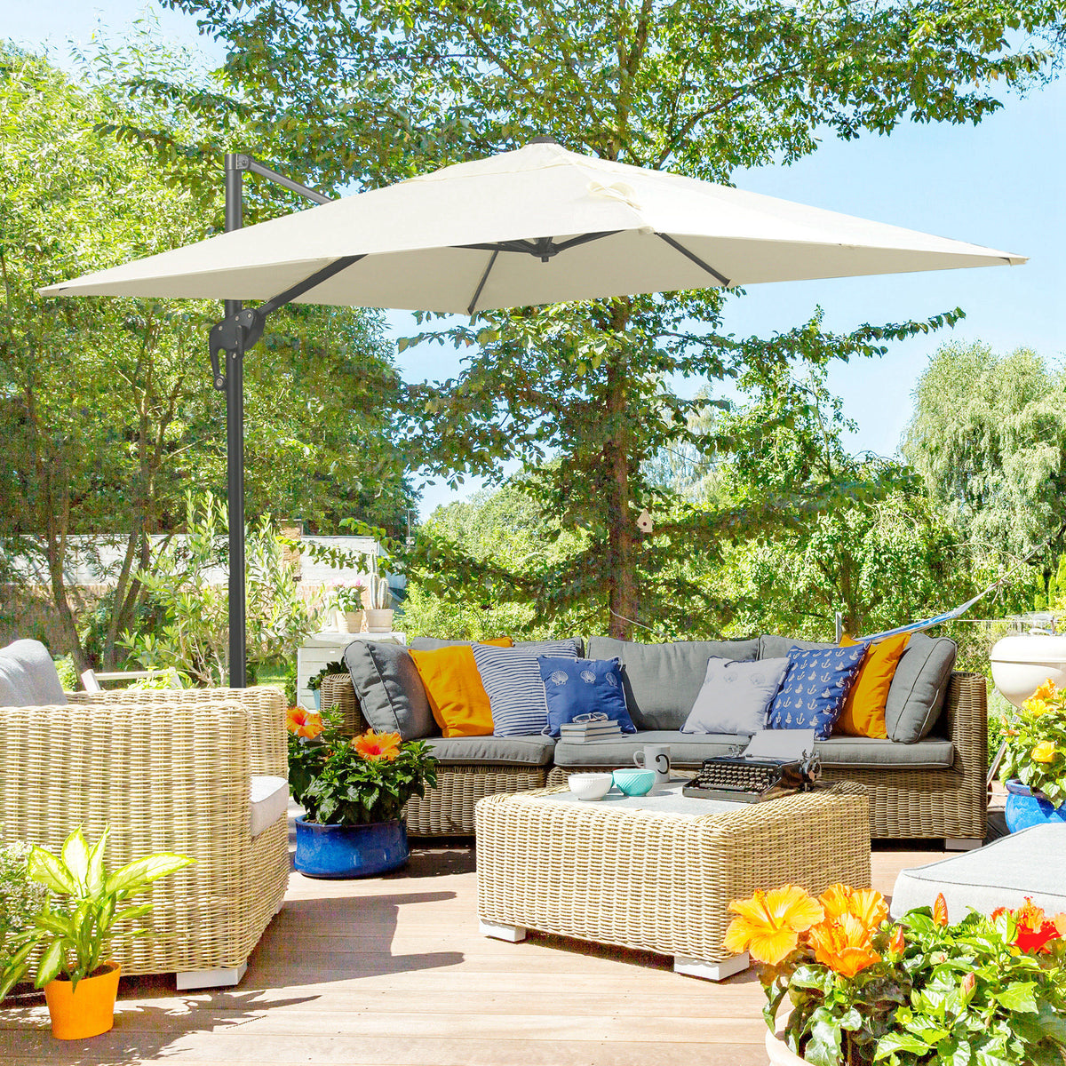8' x 8' Cream White Offset Cantilever Umbrella with Cross Base