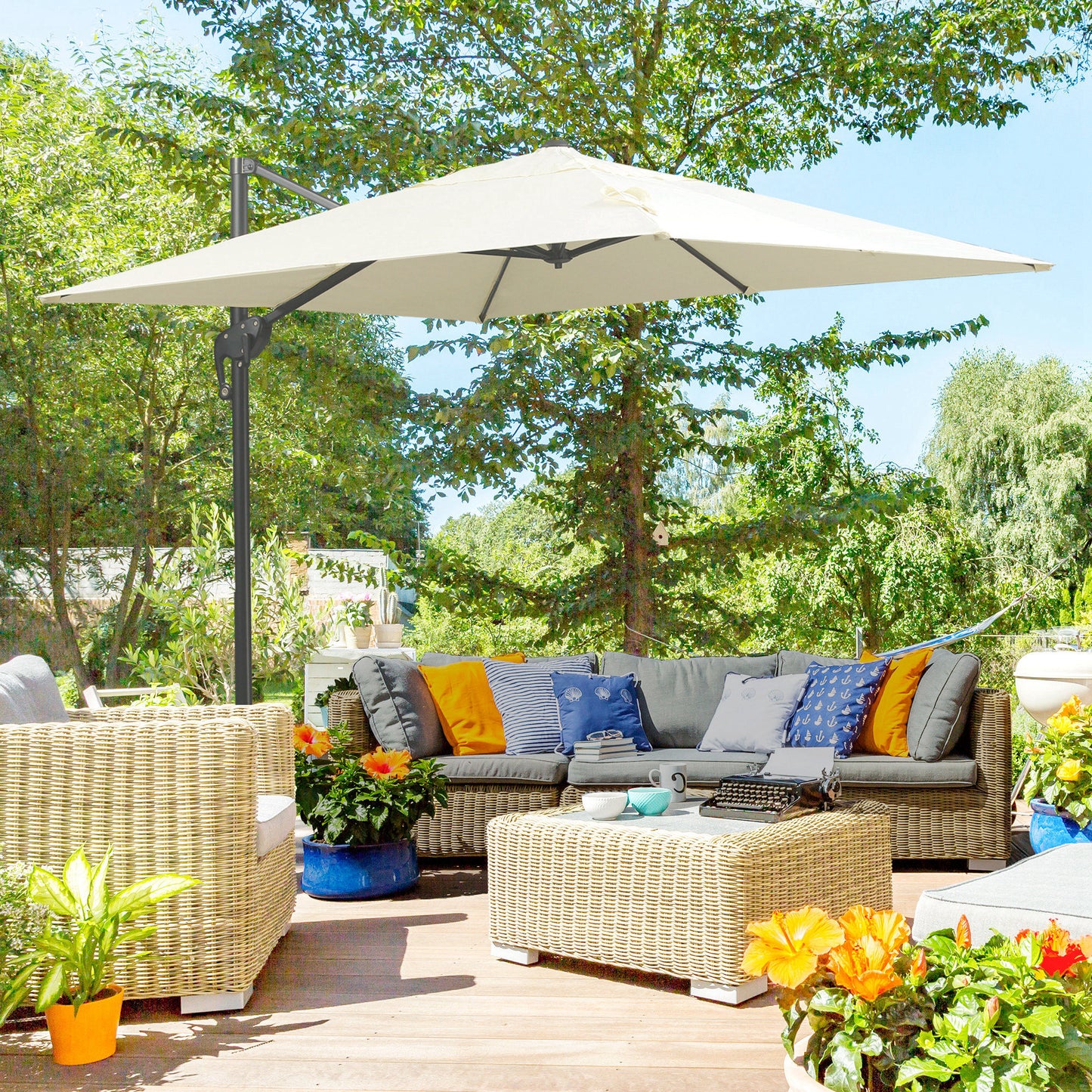 8' x 8' Cream White Offset Cantilever Umbrella with Cross Base
