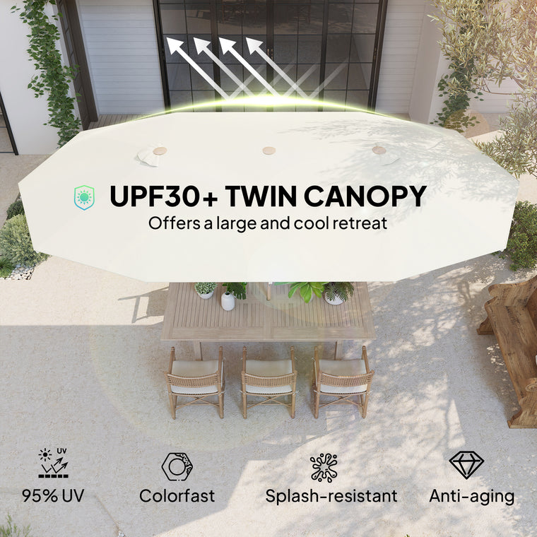 179.1" x 104.3" Beige Double Garden Parasol with 12 Steel Ribs
