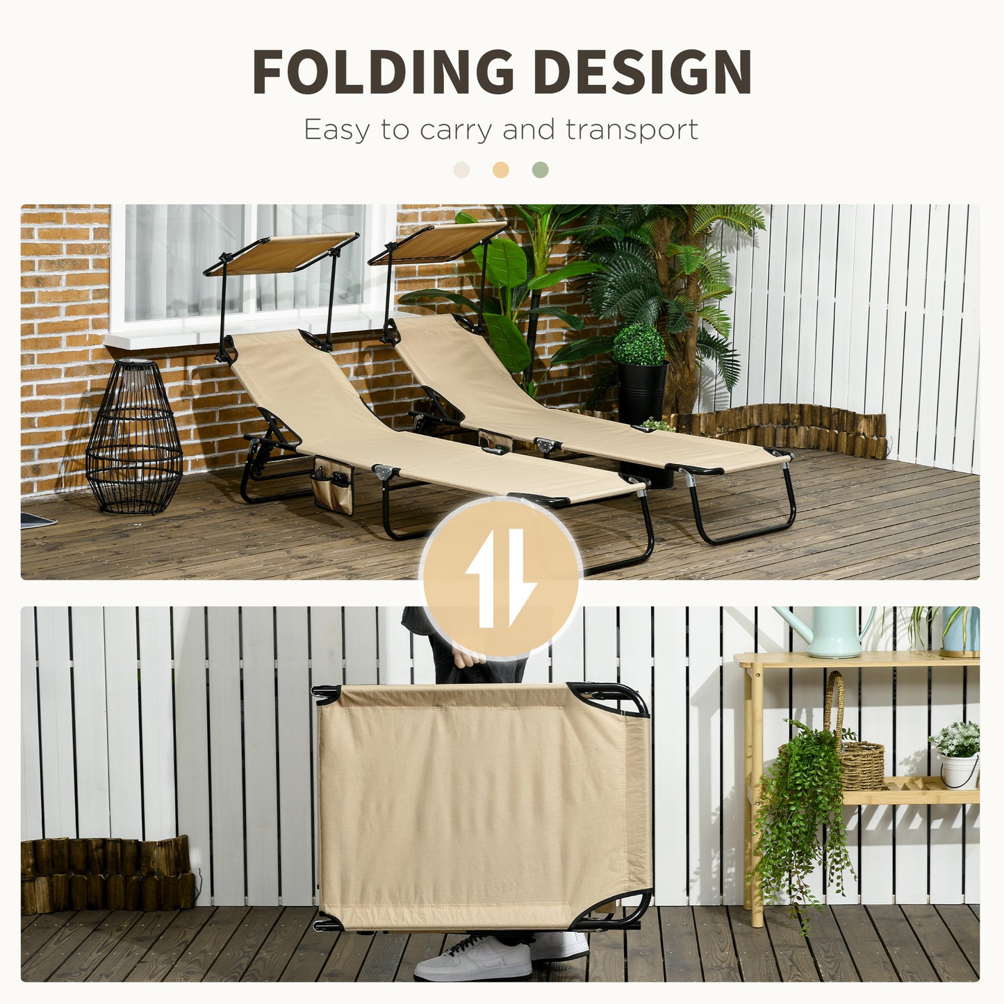 2 Piece Folding Outdoor Chaise Lounges, Pool Tanning Chairs with Reclining Back, Sunshade for Beach, Patio, Dark Grey