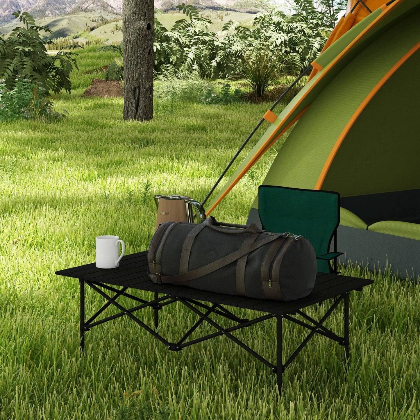 Folding Camping Table with Roll up Top and Carry Bag, Portable Picnic Table for Camping, Picnic, Hiking, Black