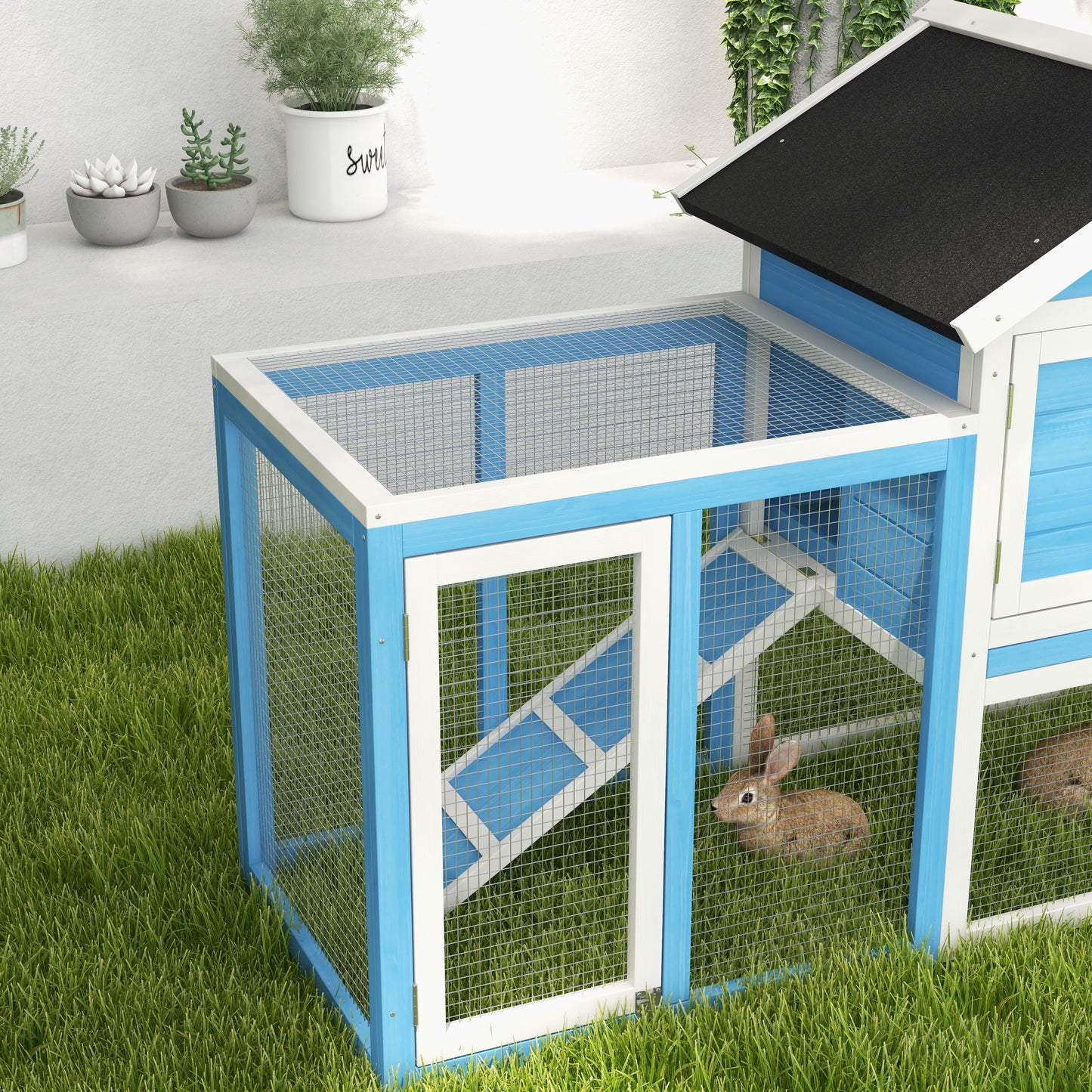 49" Wooden Rabbit Hutch With Slant Roof and Run, Light Blue