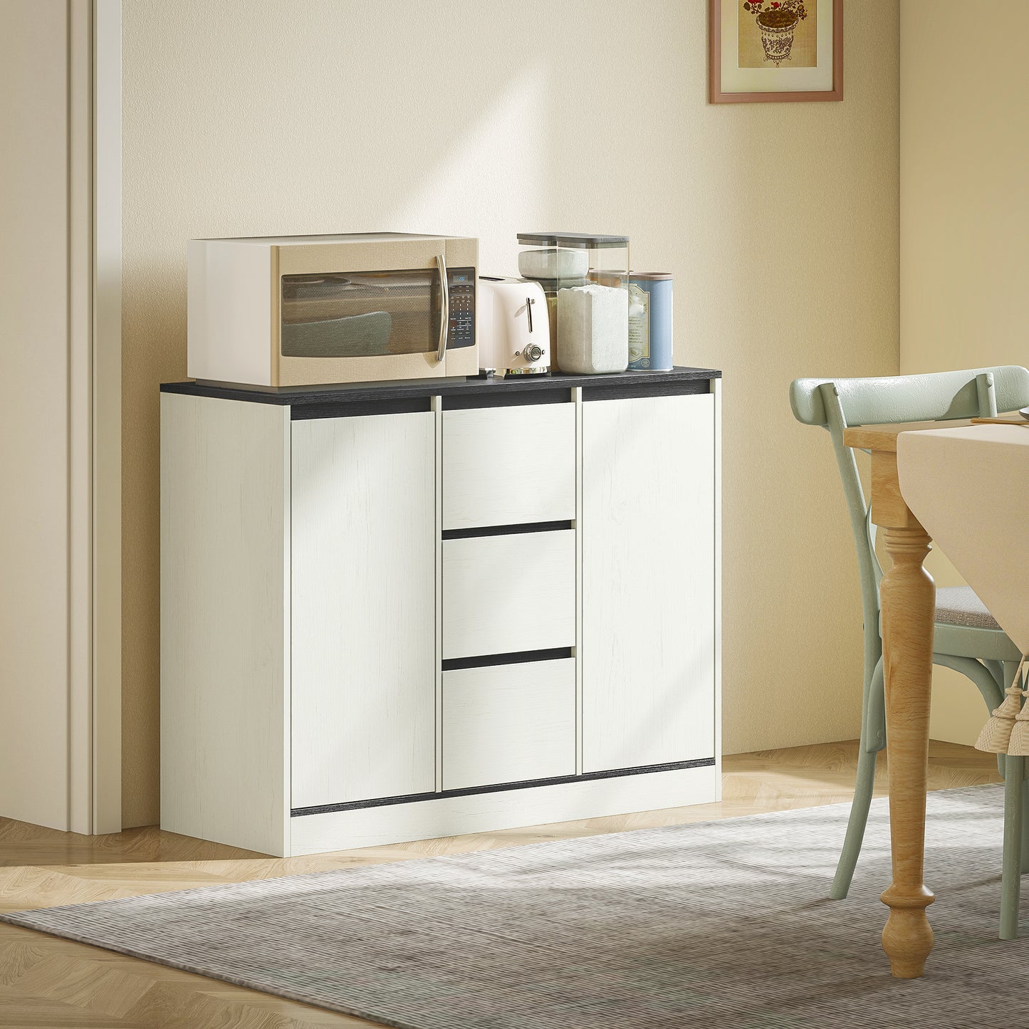 Buffet Cabinet with Soft-Close Hinges, Modern Sideboard with 3 Drawers and 2 Adjustable Shelves, White Wood Grain