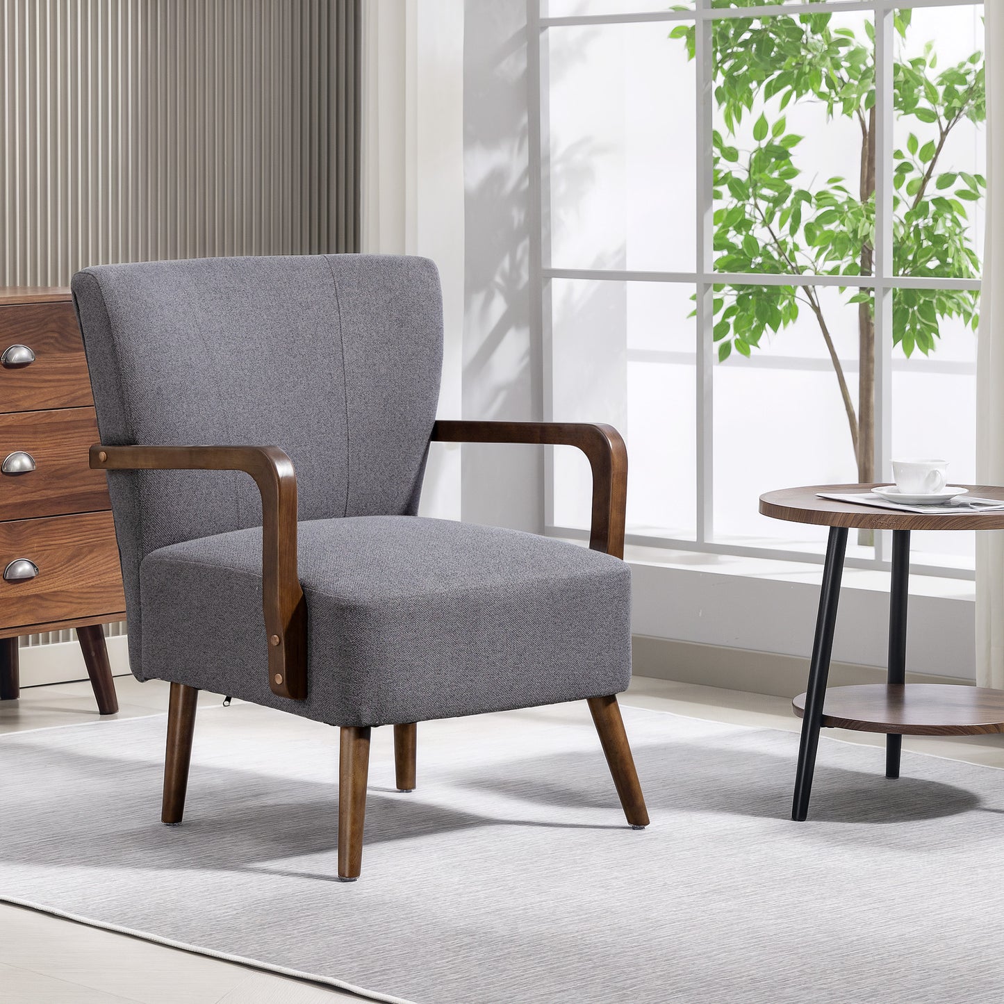 Accent Chair with Wooden Legs, Linen Fabric Armchair with Thick Padding, Comfy Chair for Living Room, Dark Grey