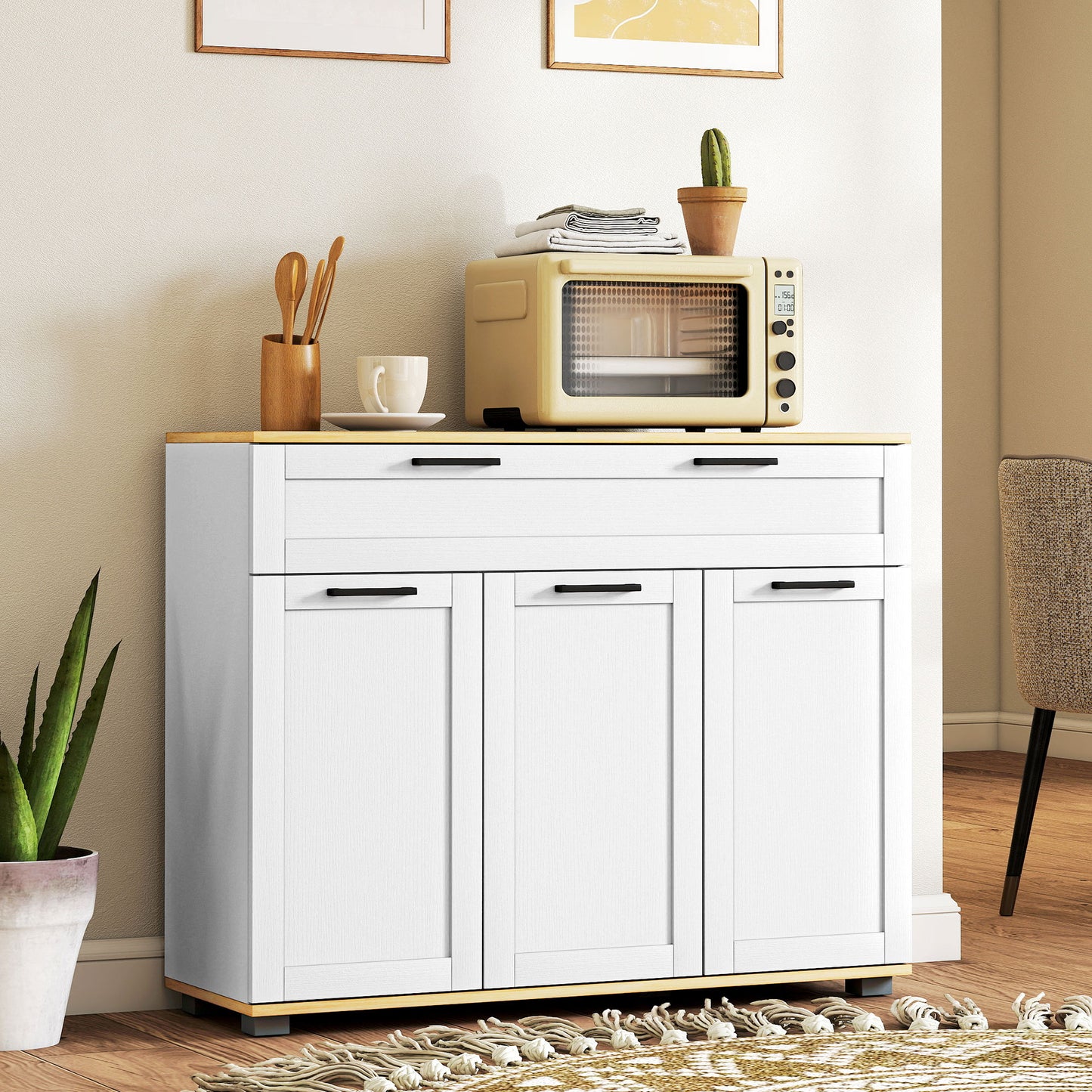Sideboard Buffet Cabinet, Modern 40" Coffee Bar Cabinet with Wide Drawer, 3 Doors and 2 Adjustable Shelves, White