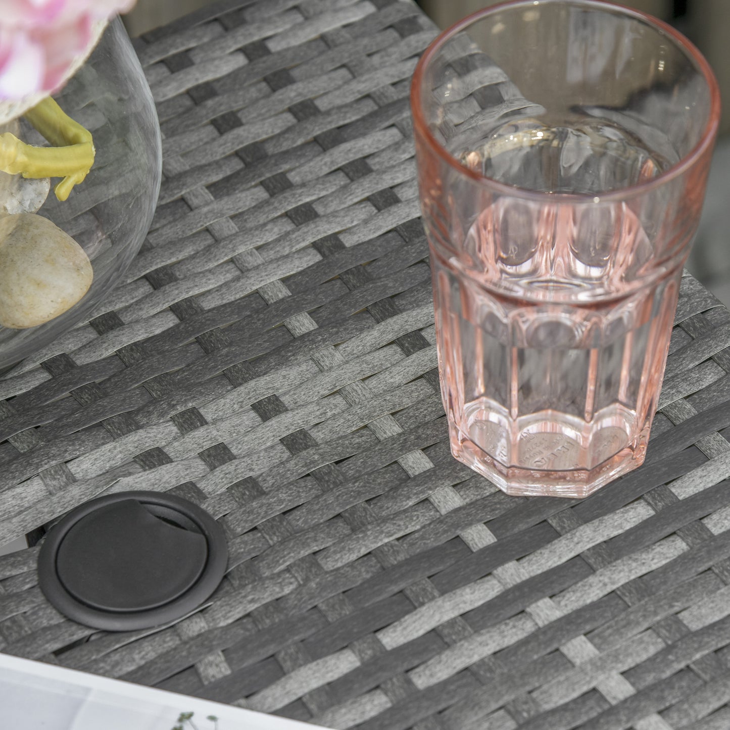 Rattan Wicker Side Table, 21.3" Square Outdoor End Table with Umbrella Hole 2-Tier Storage for Patio Garden Mixed Grey