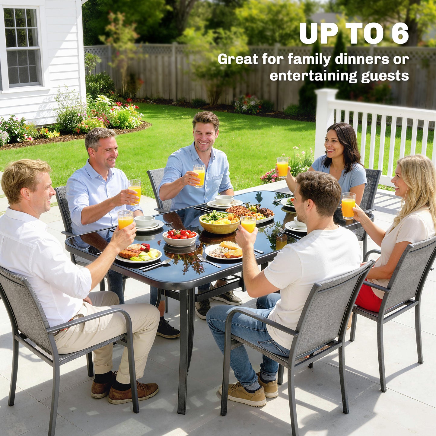 Outdoor Dining Table for 6 with Umbrella Hole, Metal Patio Dining Table with Tempered Glass Top