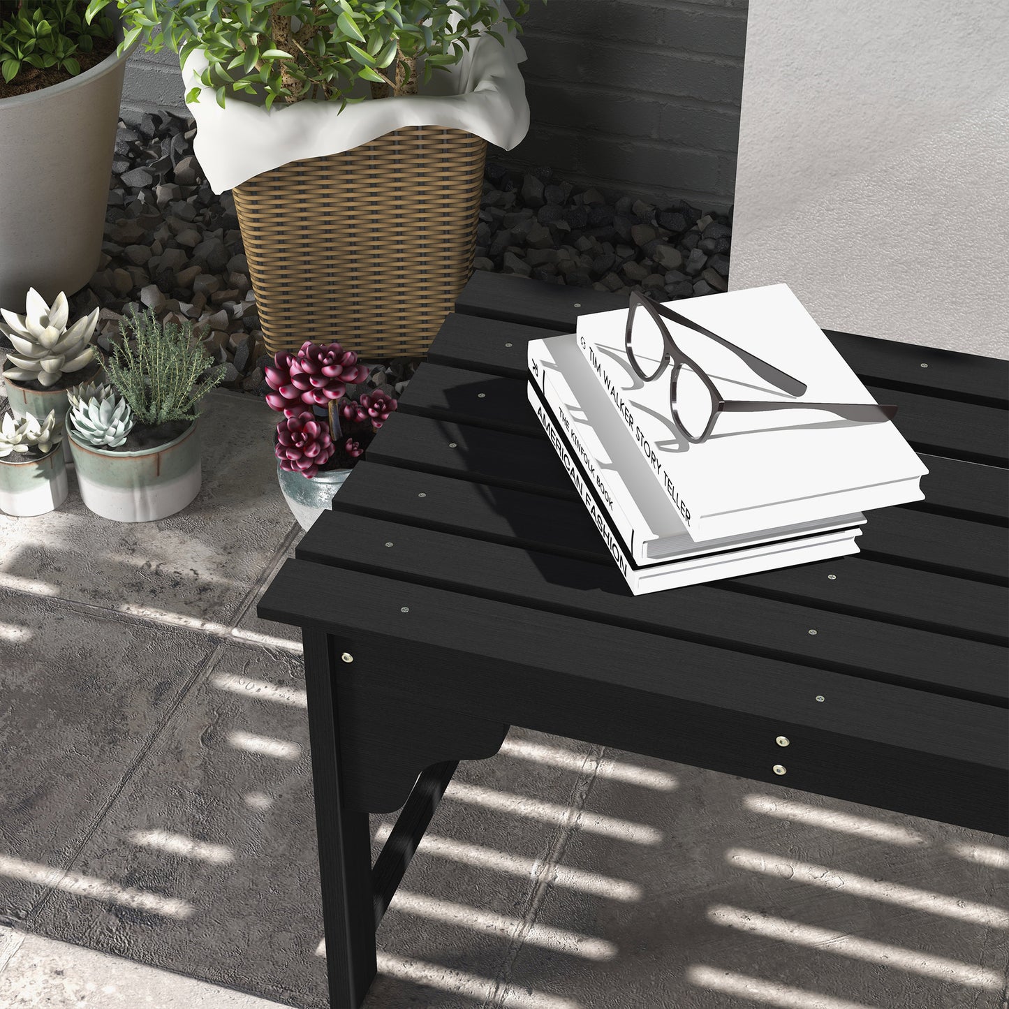 Wooden Garden Bench, Patio Double Park Bench with Slatted Seat, Front Porch Backless Bench, Black