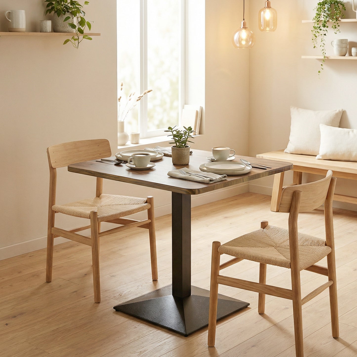 28" Square Dining Table, Modern Dining Room Table with Steel Base, Space Saving Small Kitchen Table, Walnut Wood Grain