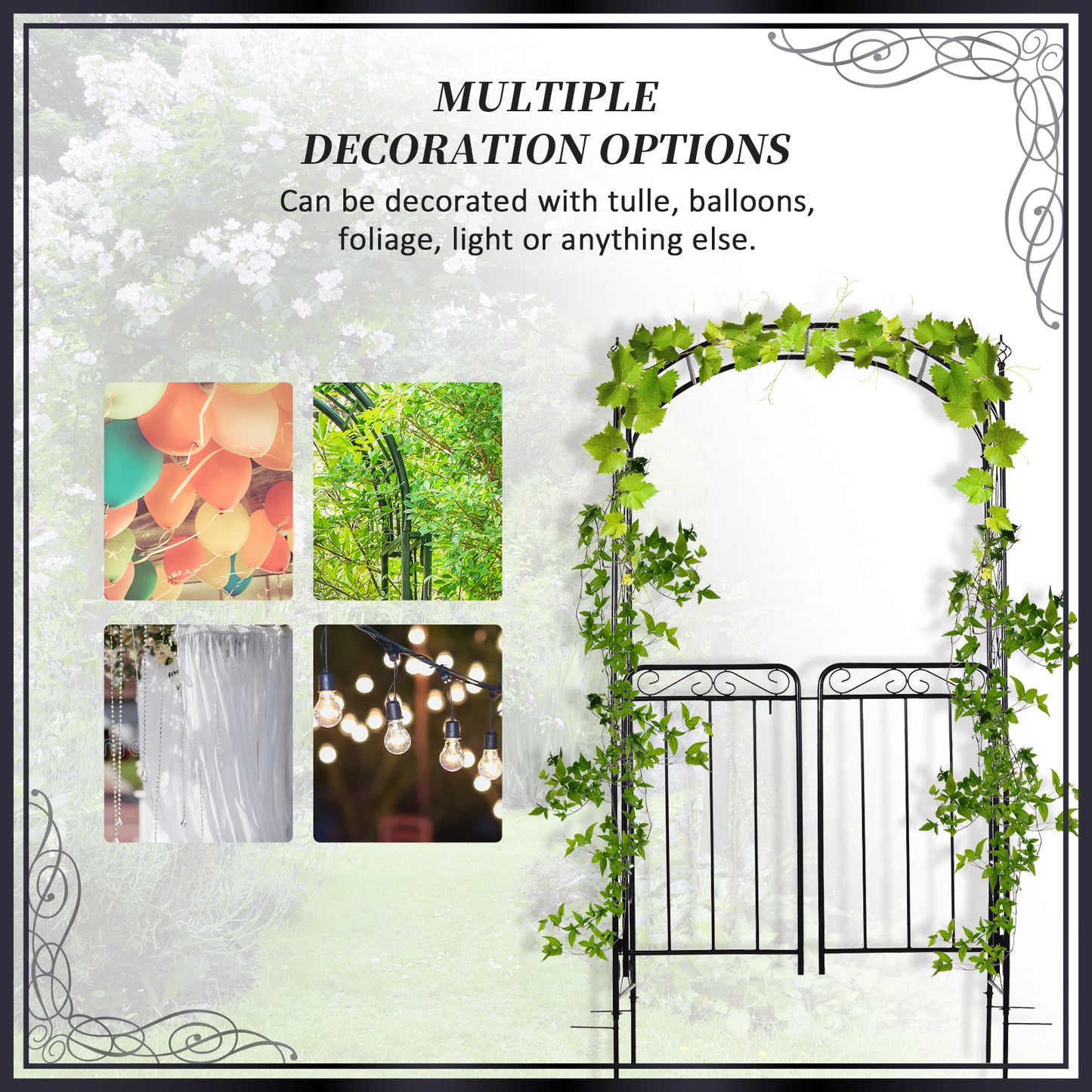 7' Metal Garden Arbor Arch with Scrollwork Doors