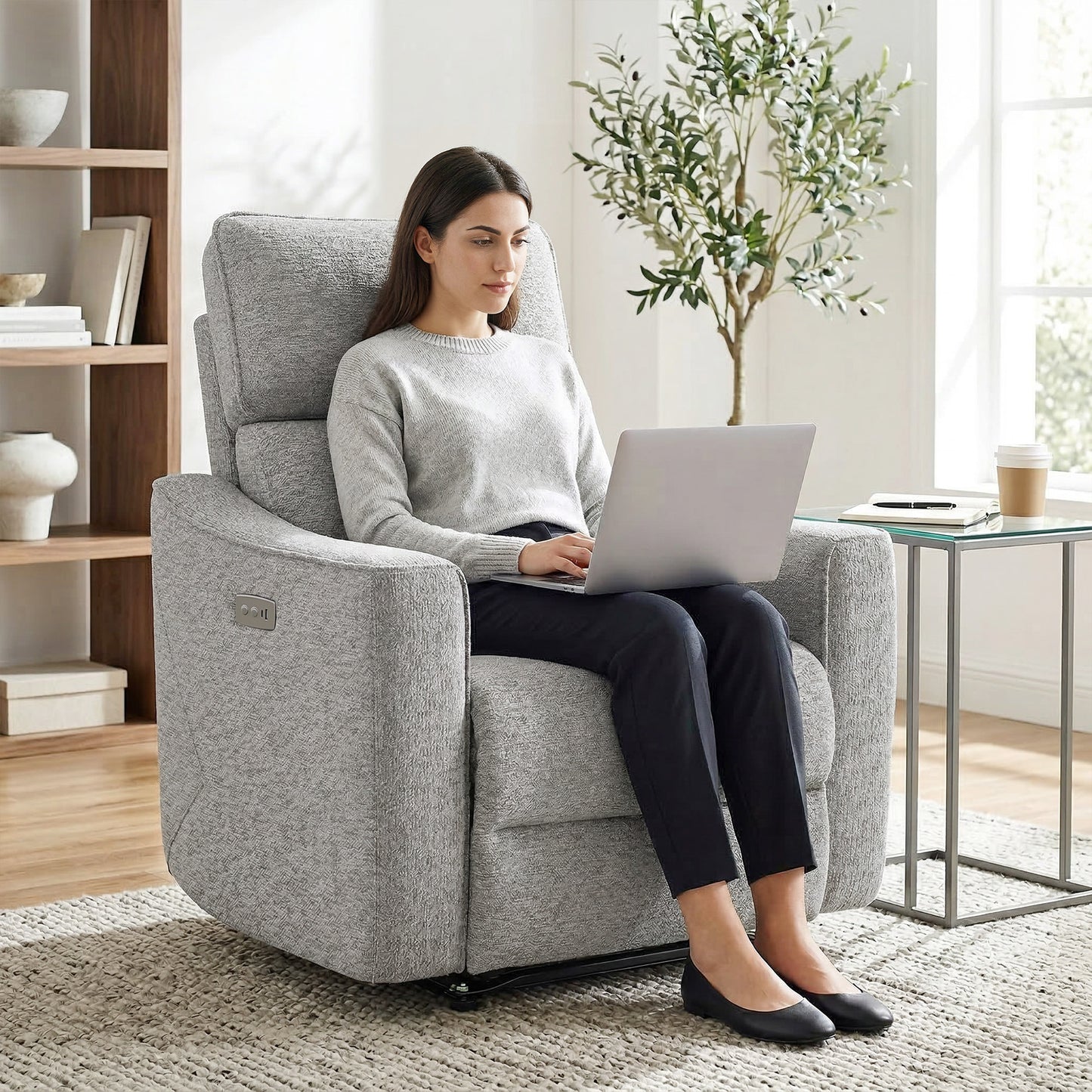 Power Recliner Chair, Chenille Upholstered Recliner Chair with USB Ports, Footrest, Grey