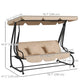 3-Seat Outdoor Patio Swing Chair, 2-in-1 Convertible Flat Bed, Canopy Swing with Adjustable Shade, Removable Cushions, Cup Holder, Light Brown