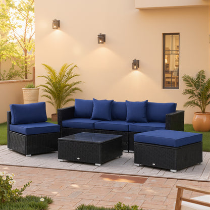 Black & Dark Blue 6-Piece Rattan Sofa Set with Cushions