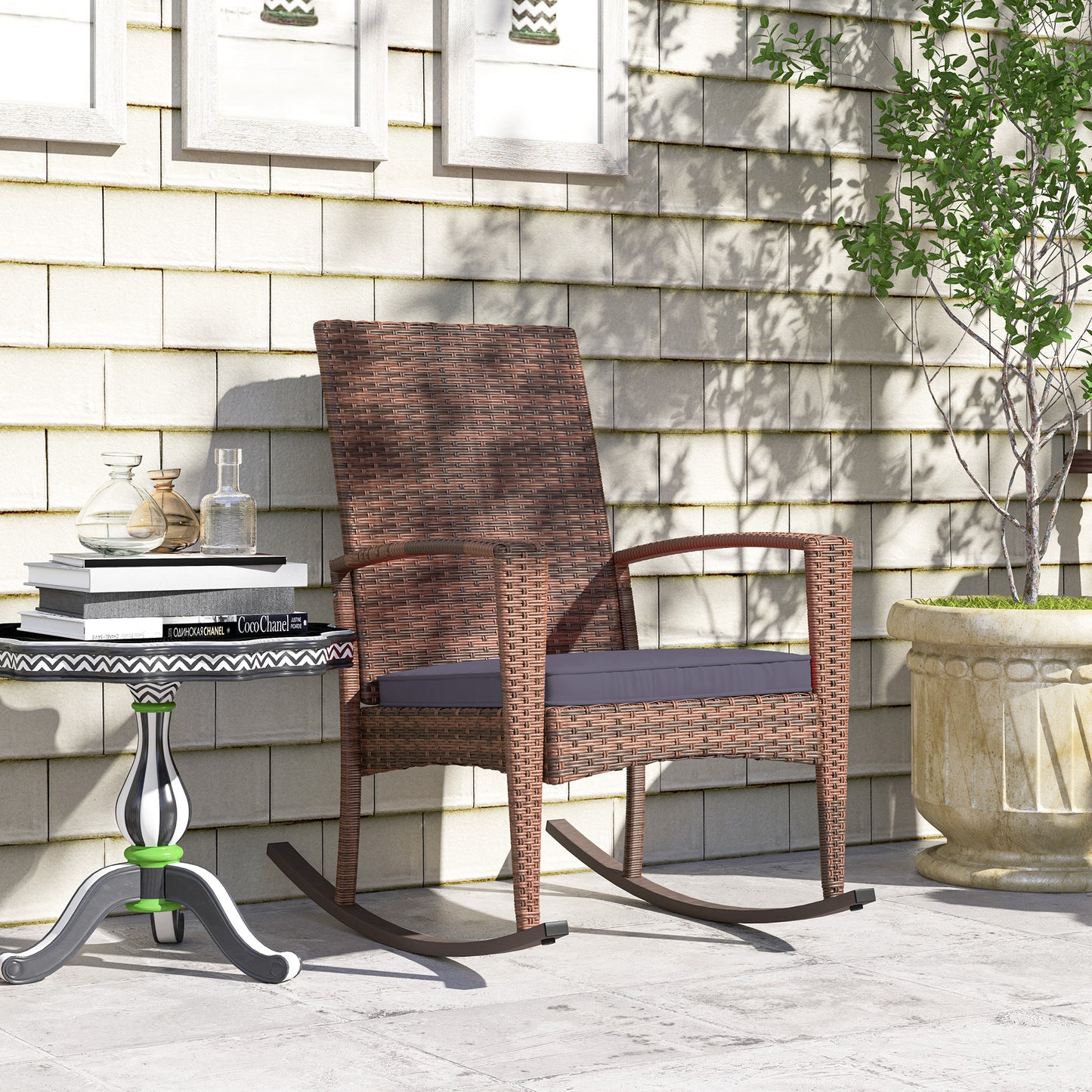 Outdoor PE Rattan Rocking Chair, Garden Glider Rocking Chair, Wicker Patio Chair Set with Armrest and Cushion, Wine Red