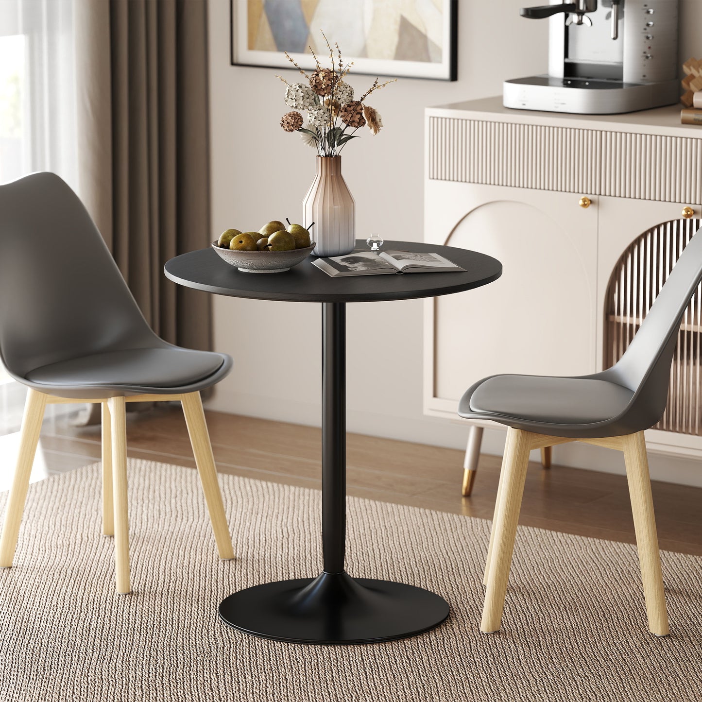 27.6" Round Kitchen Table for 2, Modern Small Dining Table with Wood Veneer, Steel Base for Dining Room, Black