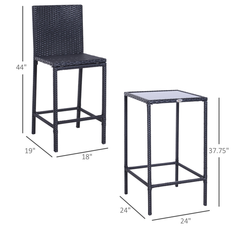 3-Piece Wicker Rattan Bistro Bar Set with Barstool