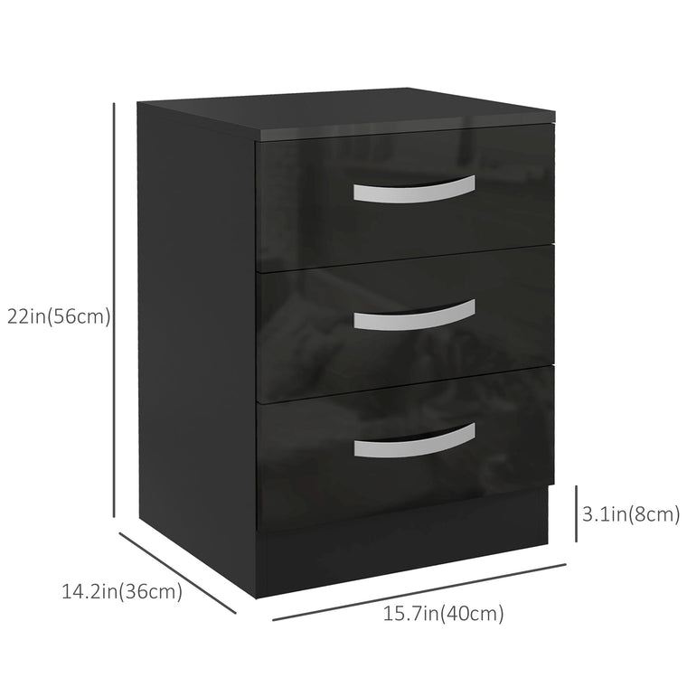 Nightstand Set of 2 with High-Gloss Drawers - Black