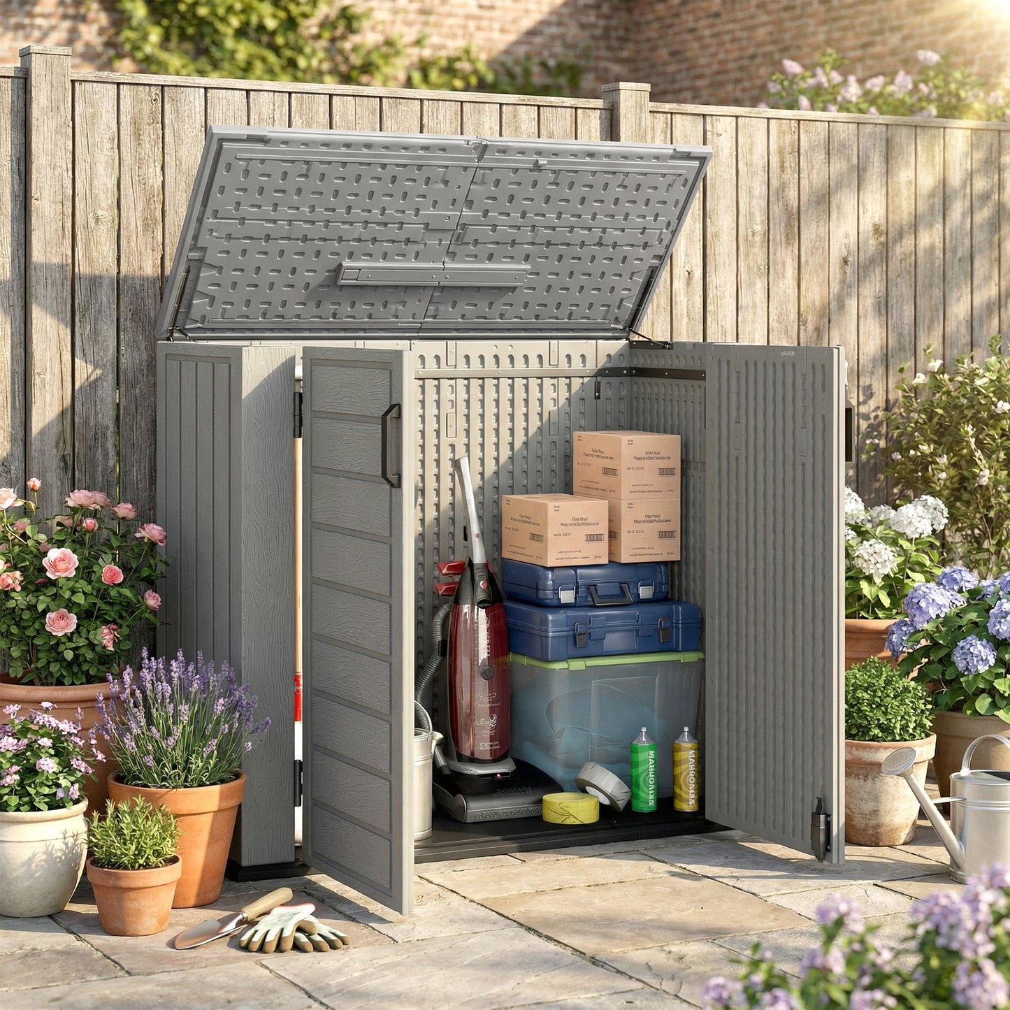 33 Cu.ft Plastic Outdoor Storage Shed, Storage Cabinet Tool Box with Lockable Double Doors and Flip-Top Lid Light Grey