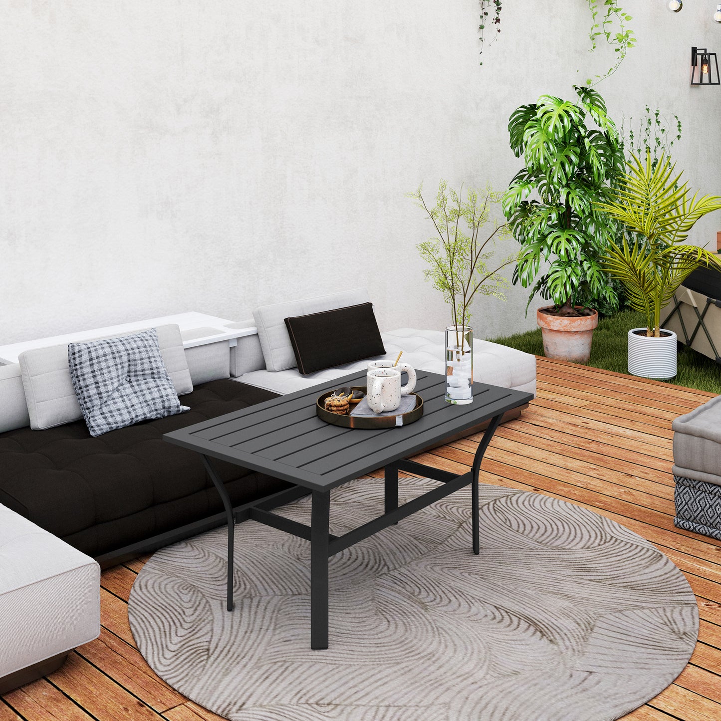 Outdoor Side Table with Slatted Tabletop, Metal Patio Coffee Table for Garden, Balcony, Black