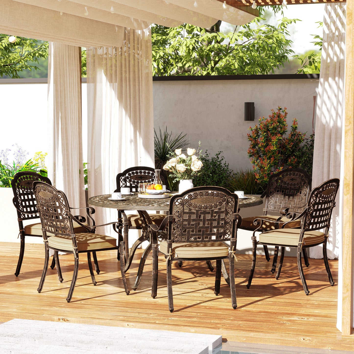 7 Pieces Outdoor Dining Set for 6, Aluminum Patio Table and Chairs Furniture Set with Umbrella Hole, Cushions, Bronze
