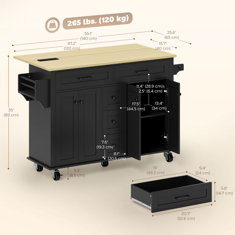 55" Rolling Kitchen Island with Drop Leaf