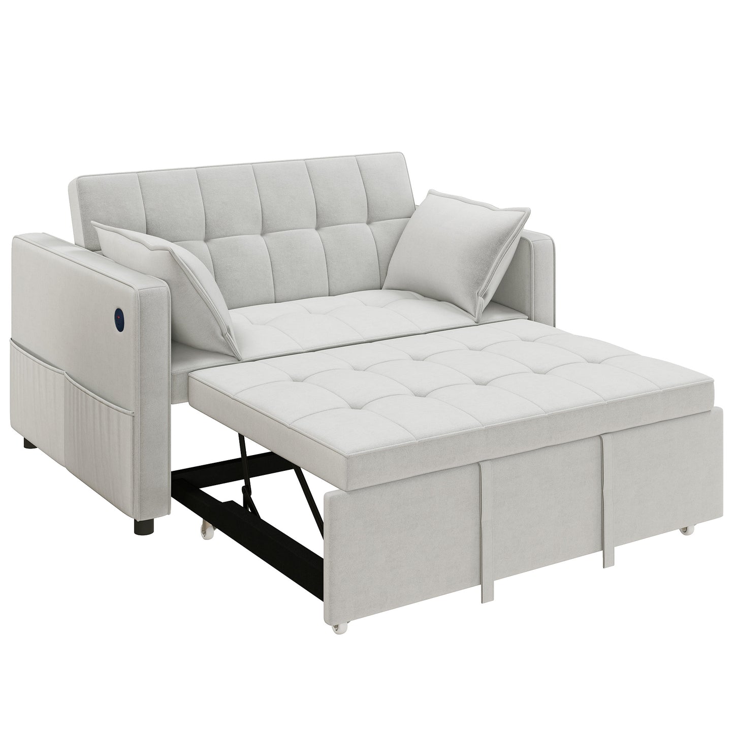 3-in-1 Convertible Sofa Bed, Pull-Out Sleeper Sofa with USB Charging, Adjustable Backrest and Side Pockets, Beige