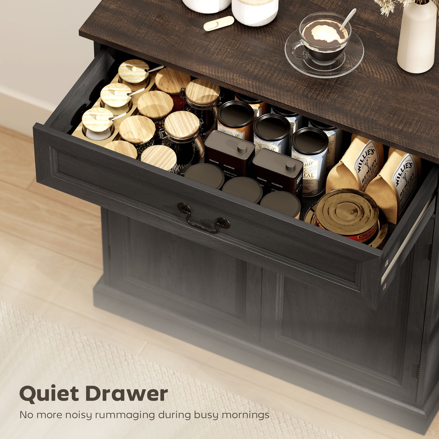 Buffet Cabinet, 32" Farmhouse Sideboard with Thick Top, Quiet Drawer and Adjustable Shelf, Black Wood Grain