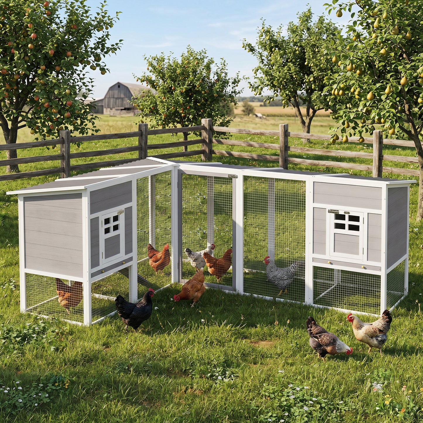 Chicken Coop with Run, L-Shaped Wooden Chicken House with 2 Houses, Outdoor Hen House with Waterproof Roof and Ramps