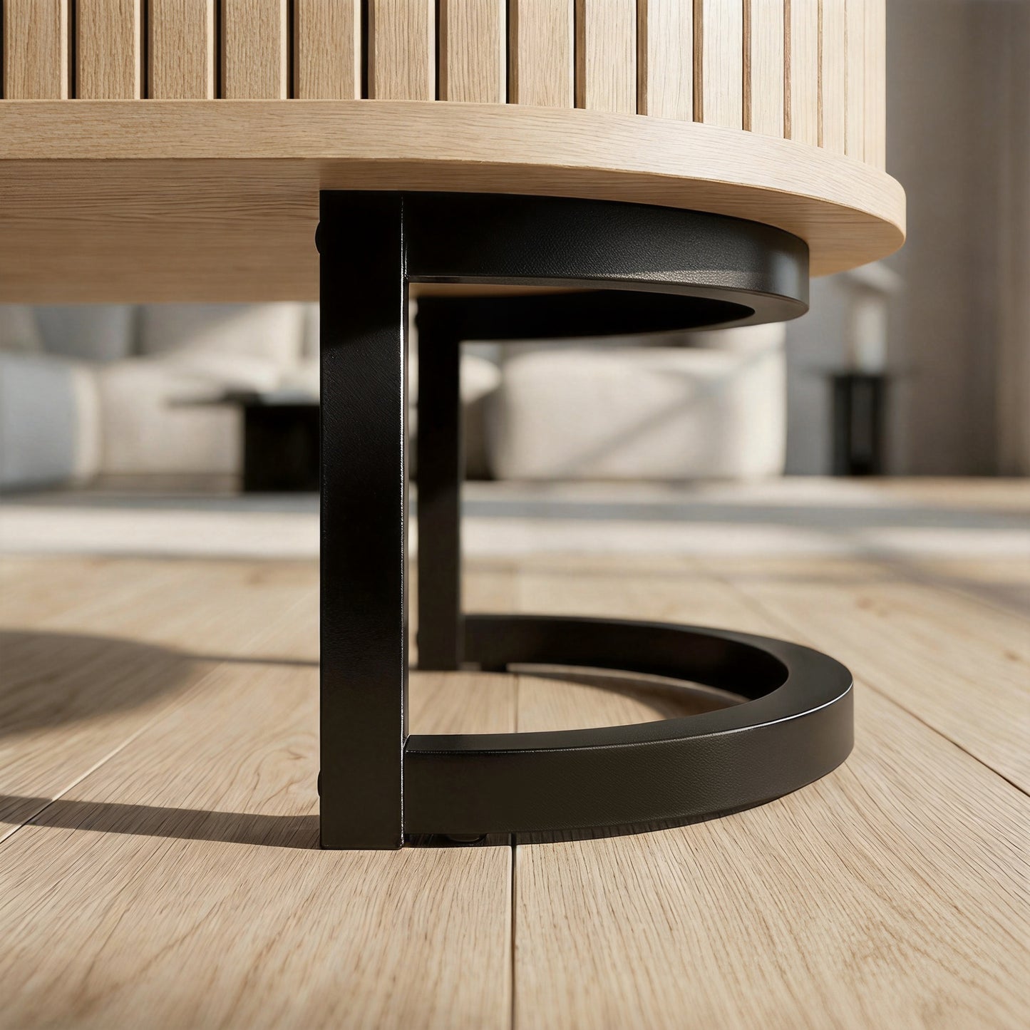 Sideboard Buffet Cabinet with Curved Tambour Doors, Thick Tabletop and Arc Metal Legs Natural Wood